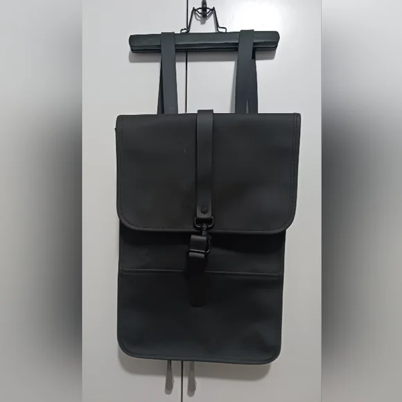 Rains Black Minimalist Backpack with Flap Closure